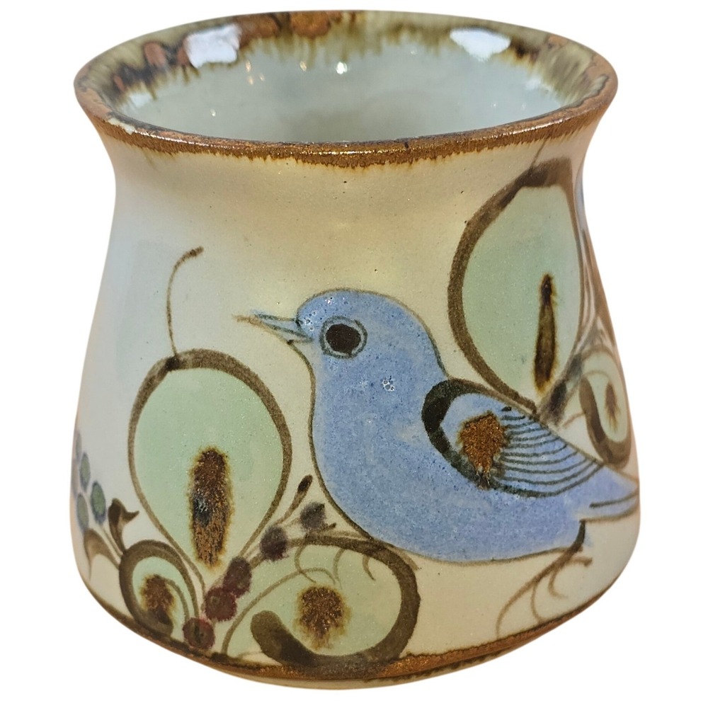 Tonala small 4" Ceramic Mug Blue Green Bird Flowers Hand-Painted Mexico Vtg Dish